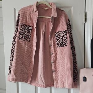 BiBi Pink Corduroy Button-Up Jacket with Leopard Trim